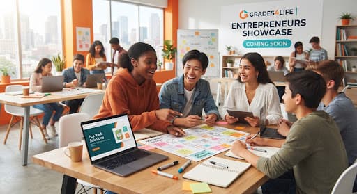 A bright, modern workspace filled with diverse young students collaborating excitedly around laptops and design boards. The room is flooded with natural light, highlighting vibrant orange accents and clean, modern furniture. The mood is optimistic, energetic, and educational, capturing the spirit of young entrepreneurship.